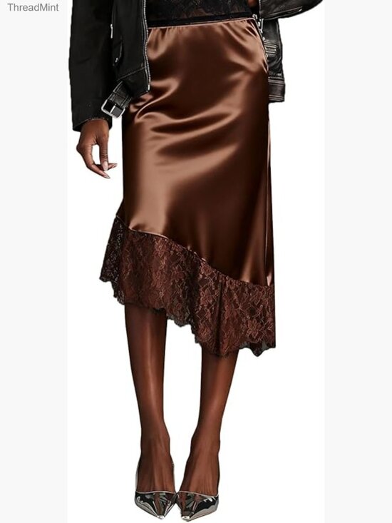 Dresses & Skirts - Vintage Satin Lace Maxi Skirt Silk Trim A-Line Asymmetrical Elastic Waist